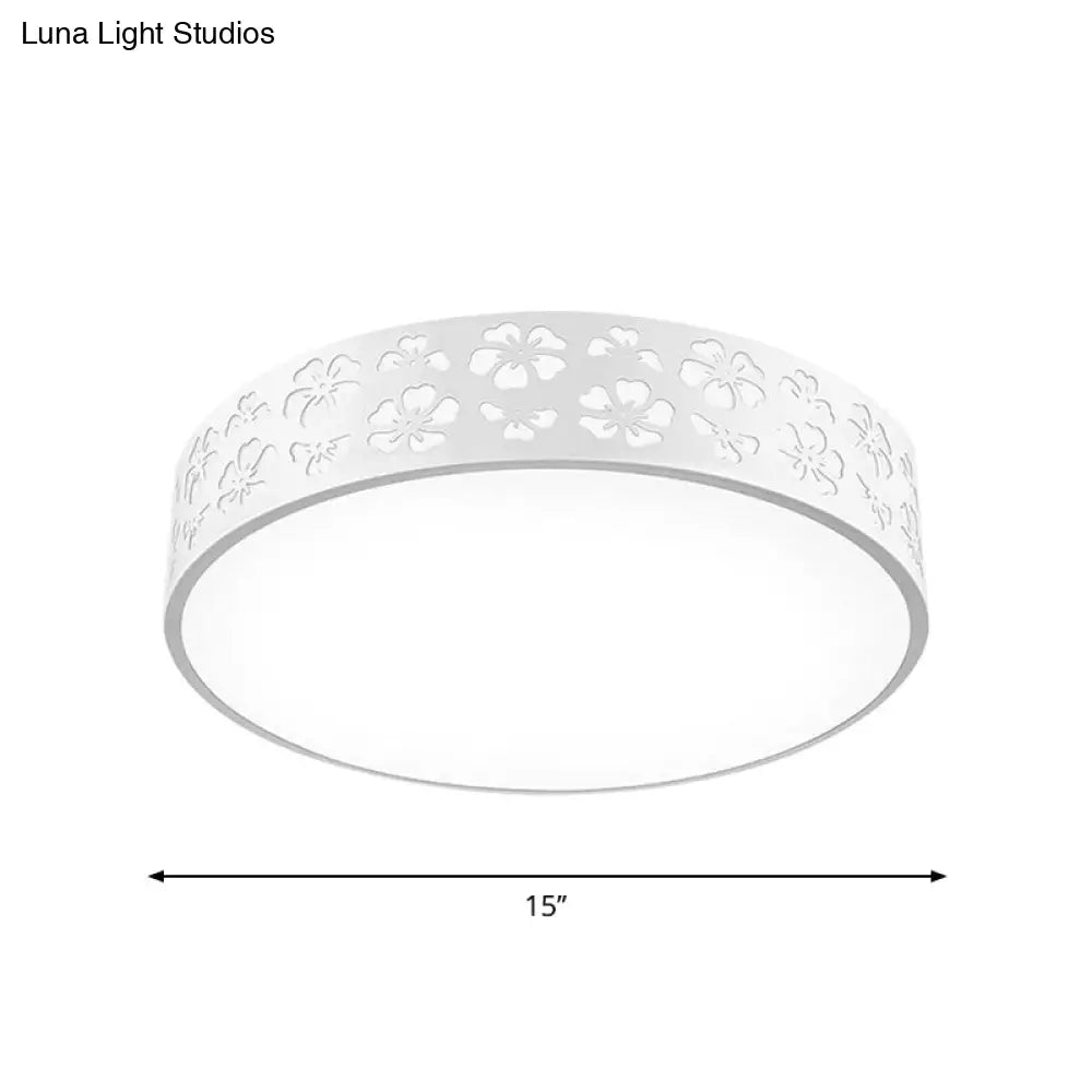 15’/19’ Wide Drum Metal Ceiling Lamp - Modern White Led Flush Mount Light With Cutout Flower