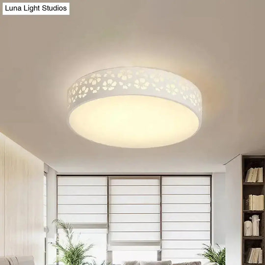 15’/19’ Wide Drum Metal Ceiling Lamp - Modern White Led Flush Mount Light With Cutout Flower