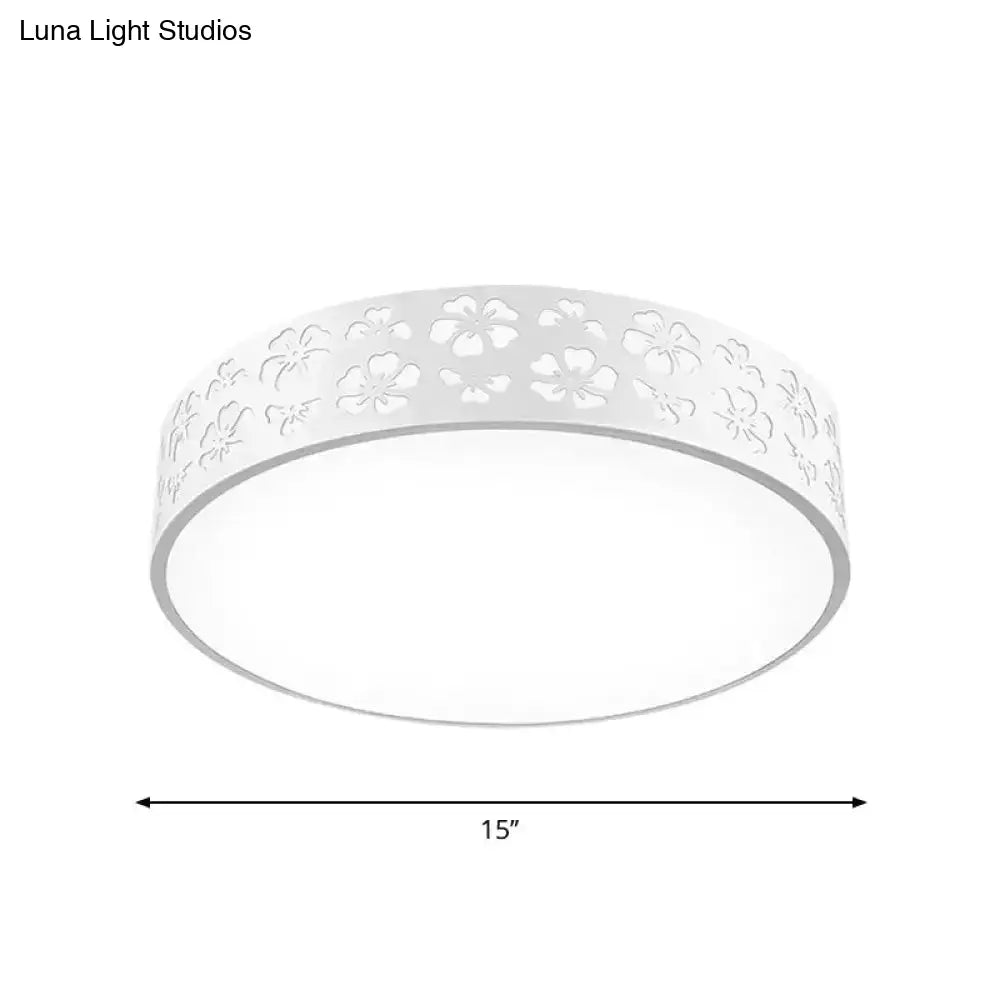 15’/19’ Wide Drum Metal Ceiling Lamp - Modern White Led Flush Mount Light With Cutout Flower