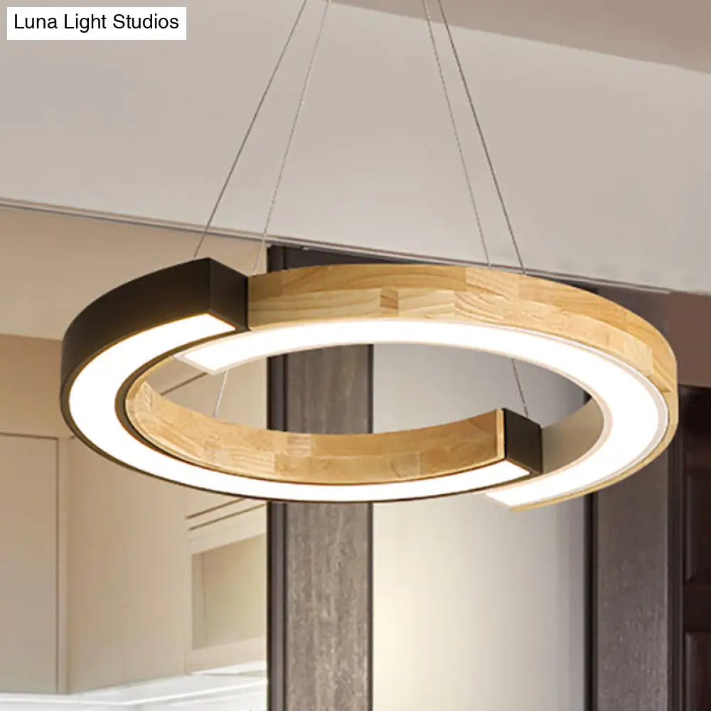 Nordic Style Black/White Ring Suspension Light - 15/19 Wide Wood Hanging Lamp For Bedroom &