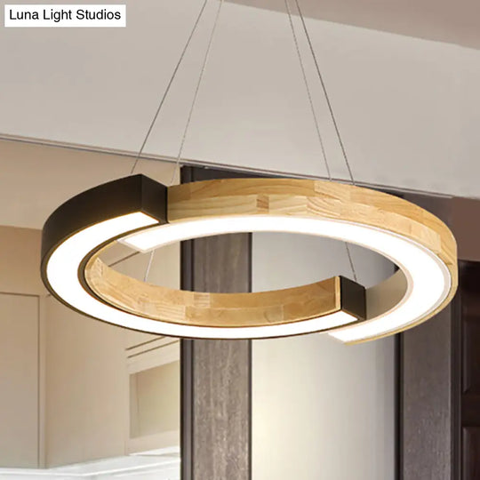 Nordic Style Black/White Ring Suspension Light - 15/19 Wide Wood Hanging Lamp For Bedroom &