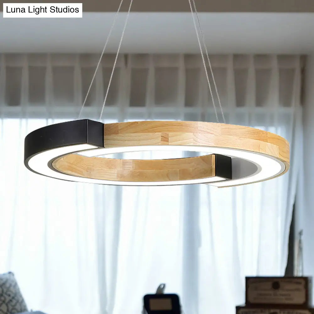 Nordic Style Black/White Ring Suspension Light - 15/19 Wide Wood Hanging Lamp For Bedroom &