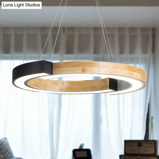 Nordic Style Black/White Ring Suspension Light - 15/19 Wide Wood Hanging Lamp For Bedroom &