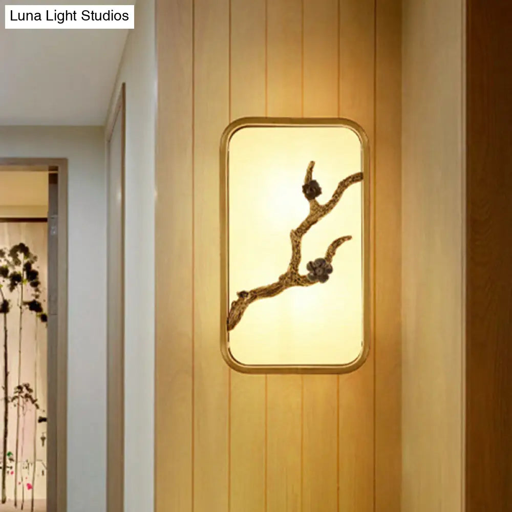 15/23 H Asian Fabric Gold Led Wall Lamp With Flower Branch Decoration