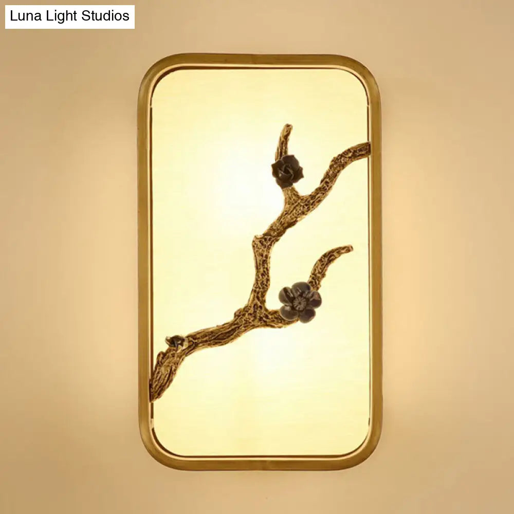 15/23 H Asian Fabric Gold Led Wall Lamp With Flower Branch Decoration