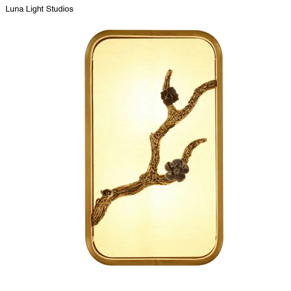 15/23 H Asian Fabric Gold Led Wall Lamp With Flower Branch Decoration