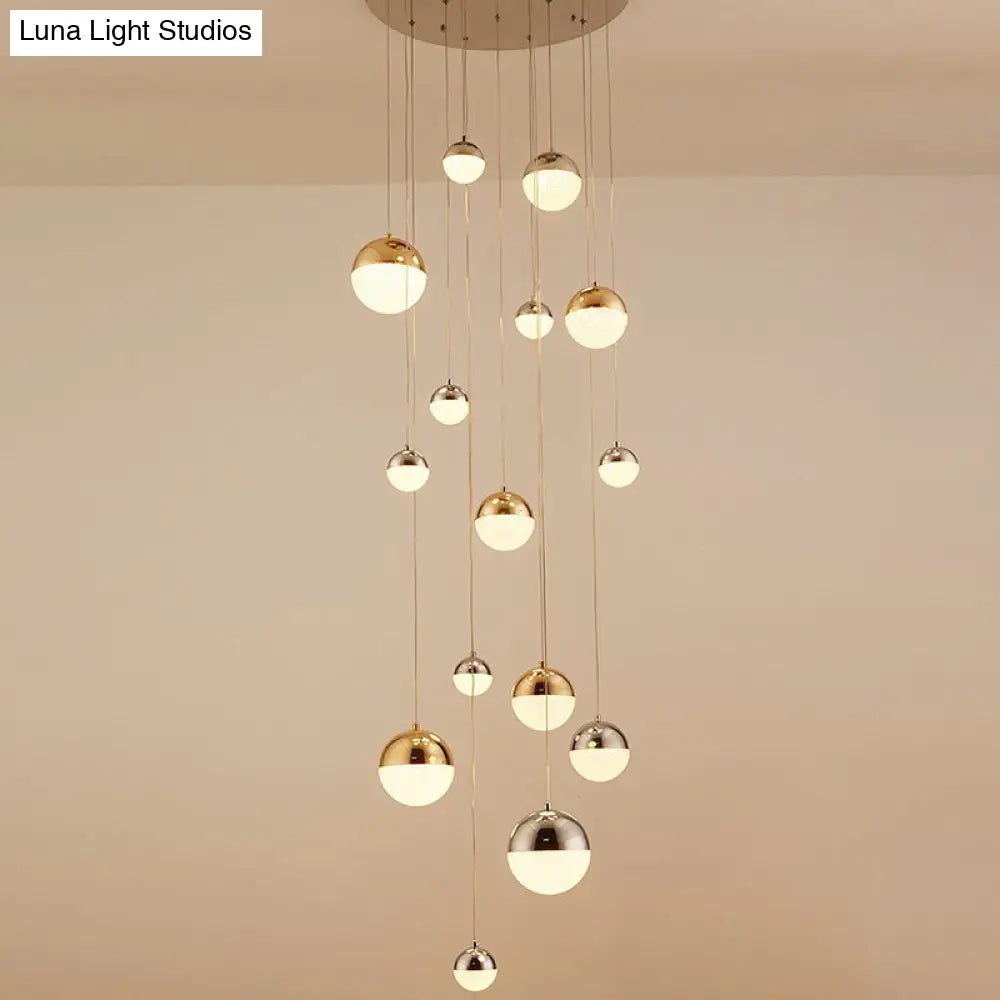 Minimalist 15-Head Silver-Gold Multi Pendant Light With Acrylic Bubble Globes - Stylish Hanging