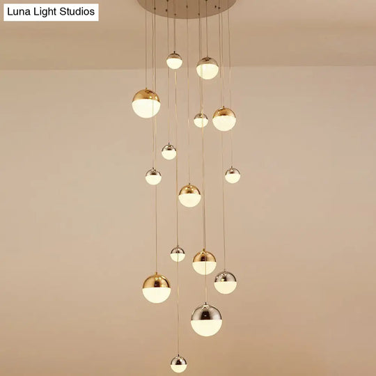 Minimalist 15-Head Silver-Gold Multi Pendant Light With Acrylic Bubble Globes - Stylish Hanging