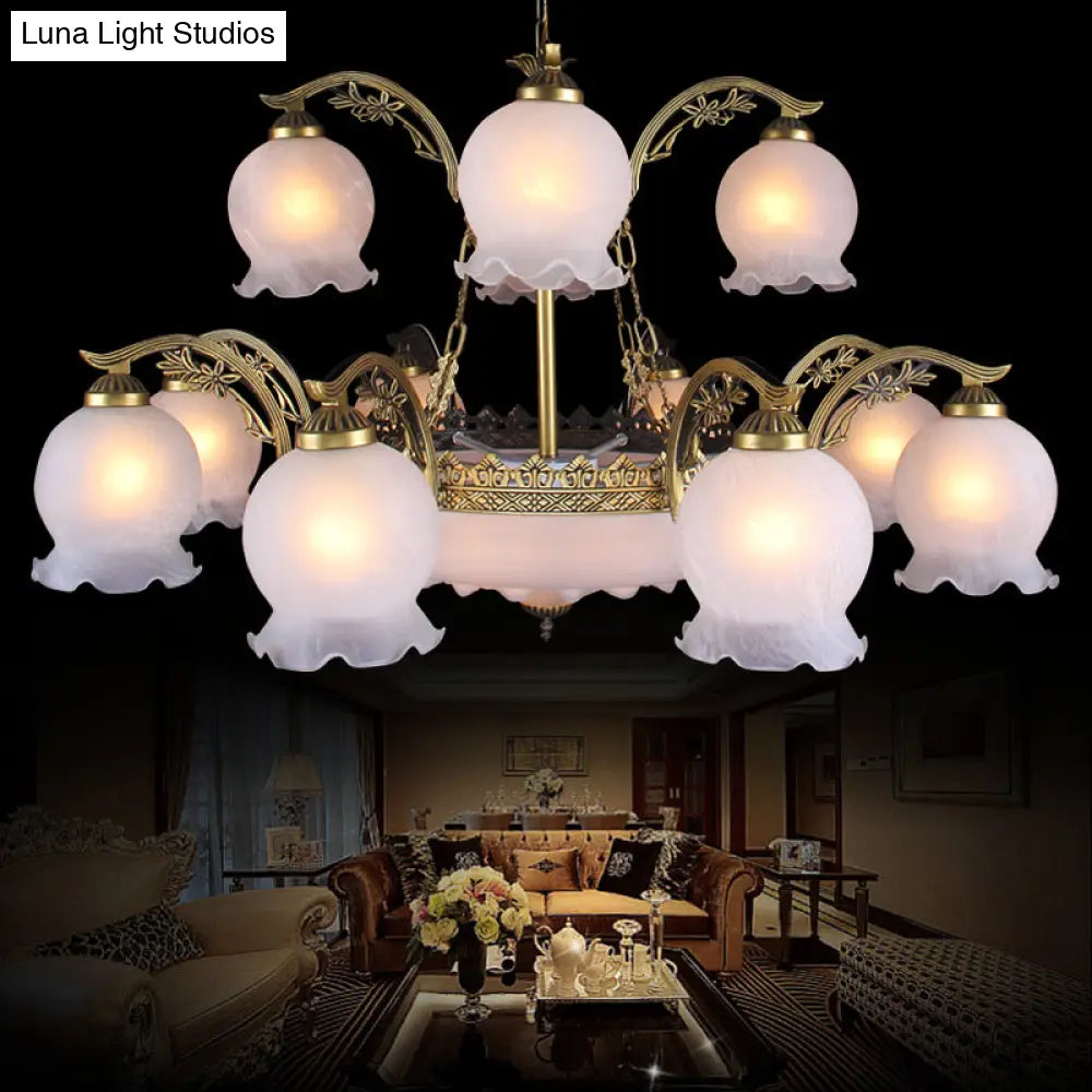 15-Head Traditional Flowerbud Opal Frosted Glass Chandelier Pendant Light - Bronze Finish