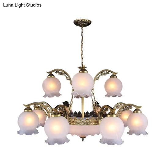 15-Head Traditional Flowerbud Opal Frosted Glass Chandelier Pendant Light - Bronze Finish