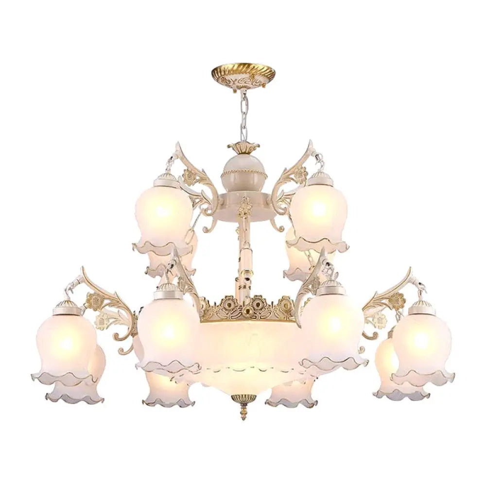 15-Head White Milk Glass Chandelier: Traditional 2-Tier Bud Pendant Light