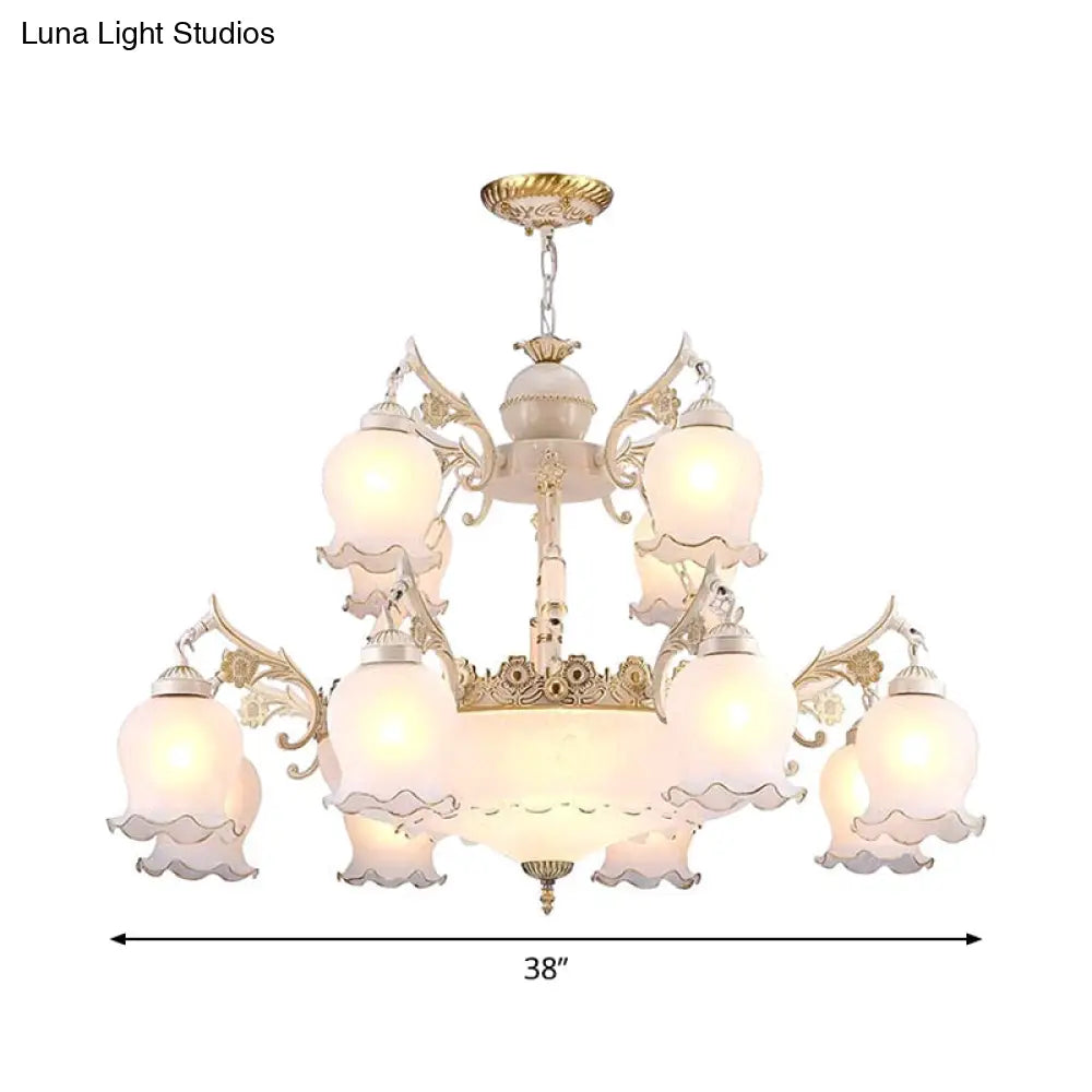 15-Head White Milk Glass Chandelier: Traditional 2-Tier Bud Pendant Light