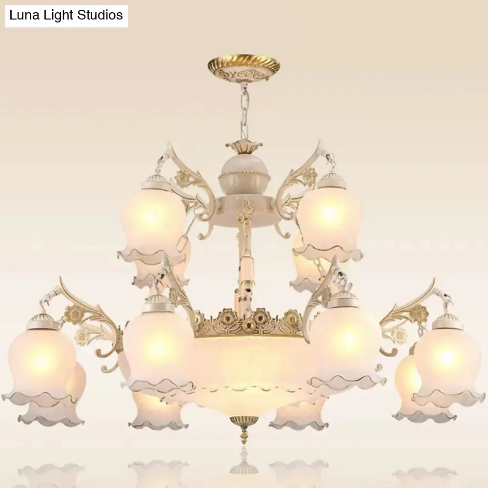 15-Head White Milk Glass Chandelier: Traditional 2-Tier Bud Pendant Light