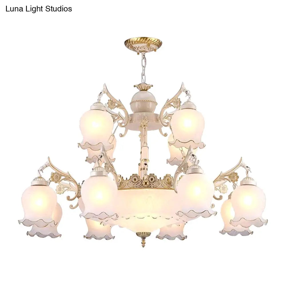 15-Head White Milk Glass Chandelier: Traditional 2-Tier Bud Pendant Light