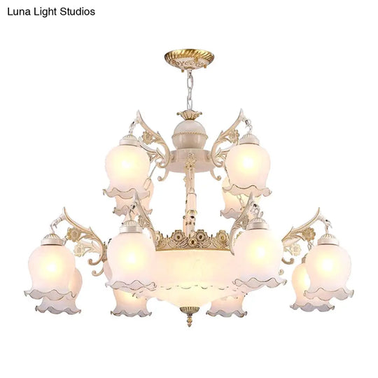 15-Head White Milk Glass Chandelier: Traditional 2-Tier Bud Pendant Light