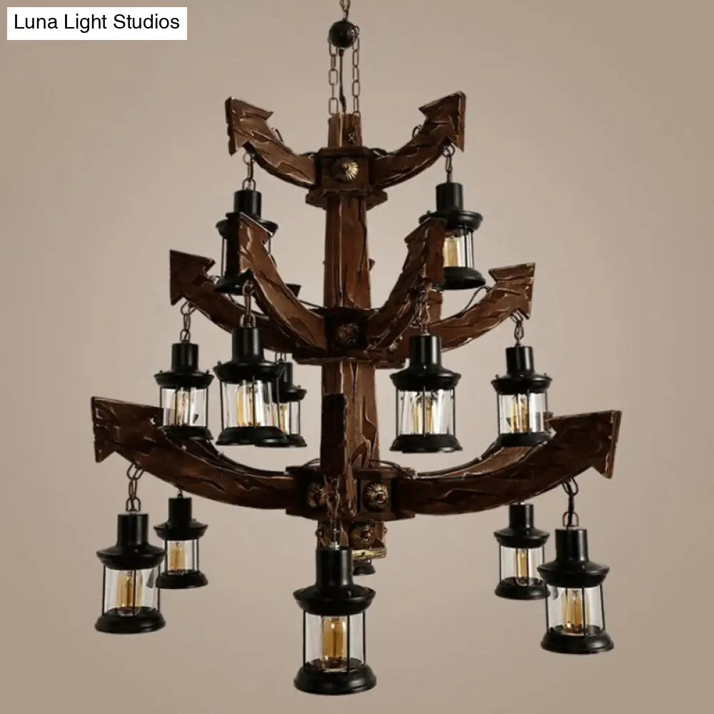 Industrial Wood Chandelier Lamp - 15 Head Black Suspension Lighting Fixture With Tree/Rudder Design
