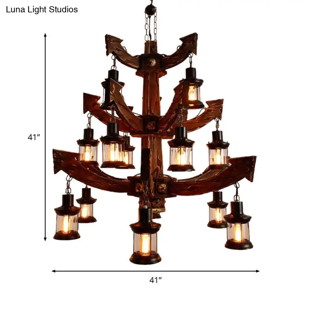 Industrial Wood Chandelier Lamp - 15 Head Black Suspension Lighting Fixture With Tree/Rudder Design