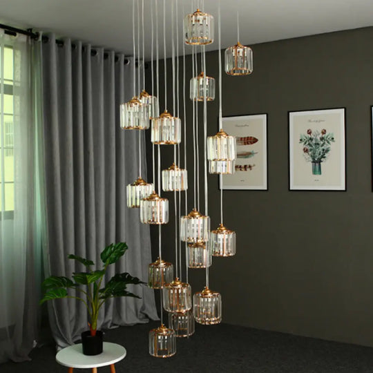 15-Light Modernist Hanging Ceiling Lamp With Amber Crystal Drum Shade For Living Room