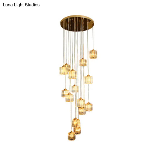 15-Light Modernist Hanging Ceiling Lamp With Amber Crystal Drum Shade For Living Room