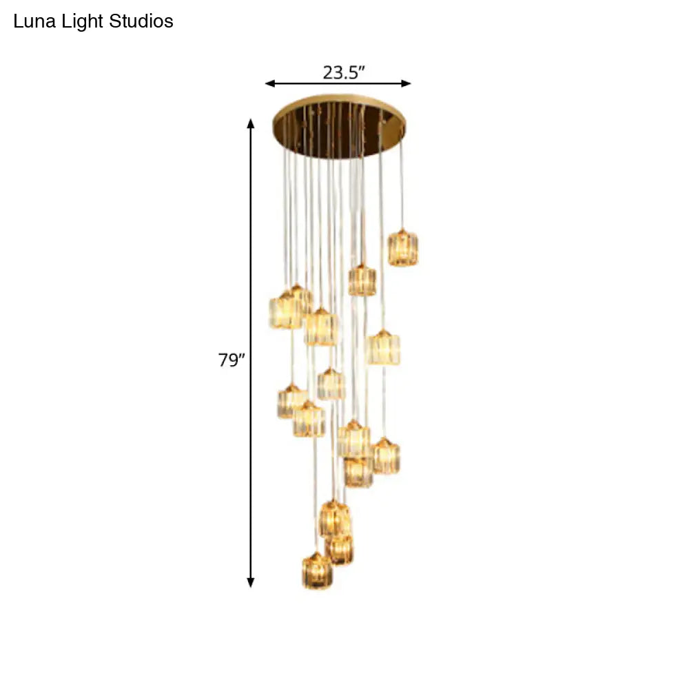 15-Light Modernist Hanging Ceiling Lamp With Amber Crystal Drum Shade For Living Room