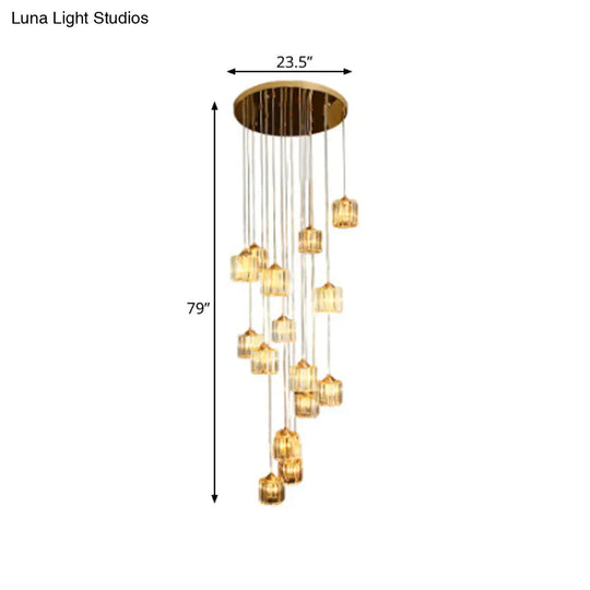 15-Light Modernist Hanging Ceiling Lamp With Amber Crystal Drum Shade For Living Room