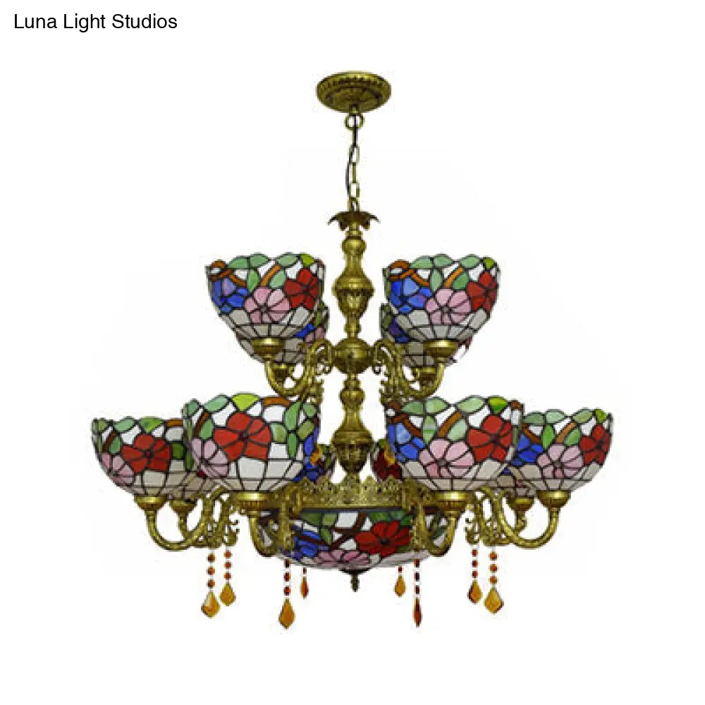 15-Light Tiffany Stained Glass Chandelier With Flower Pattern - 2-Tier Dome Shade Hanging Light For