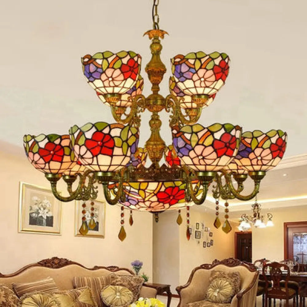 15-Light Tiffany Stained Glass Chandelier With Flower Pattern - 2-Tier Dome Shade Hanging Light For