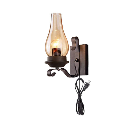 Vintage Industrial Black Cognac Glass Candle Wall Sconce With Plug-In Cord