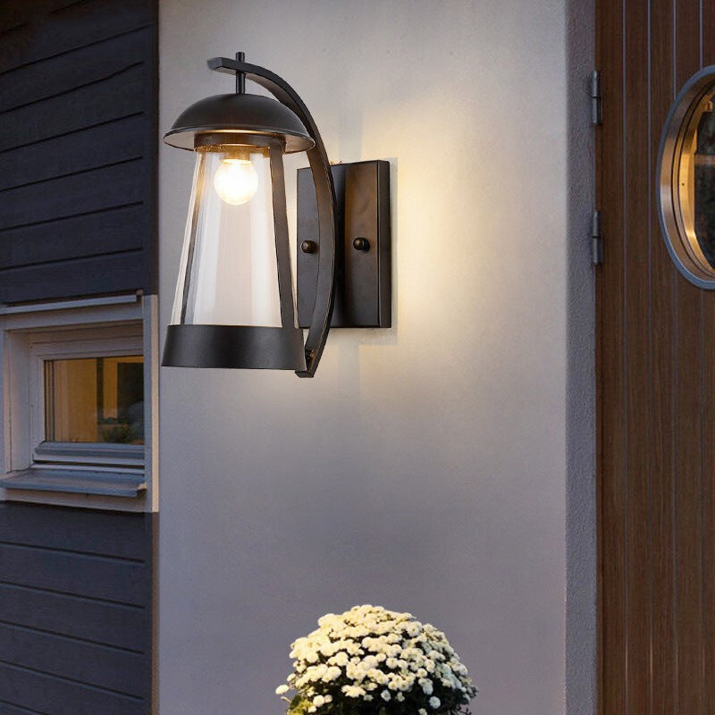Clear Glass Wall Sconce - Industrial Black Cone Outdoor Lighting Fixture