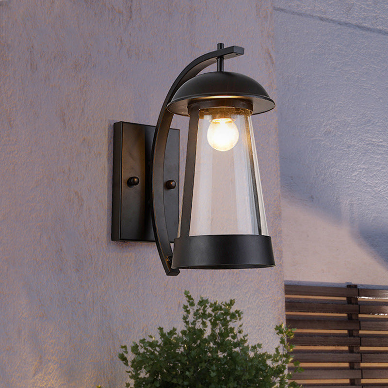 Clear Glass Wall Sconce - Industrial Black Cone Outdoor Lighting Fixture