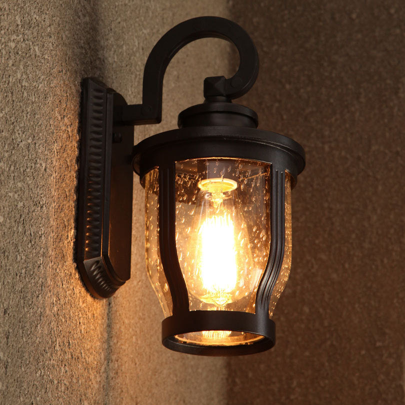 Industrial Outdoor Gooseneck Wall Light - 1 Black Sconce With Bubble Glass And Curved Arm