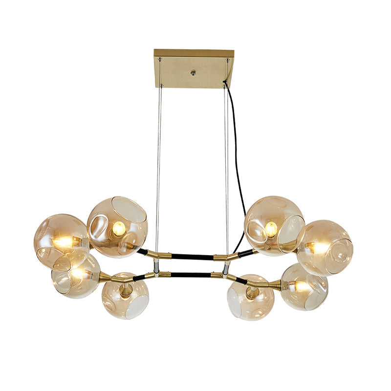 Postmodern Island Lighting: Amber Ball Pendant Lamp With Adjustable Cord - 8 Lights Glass