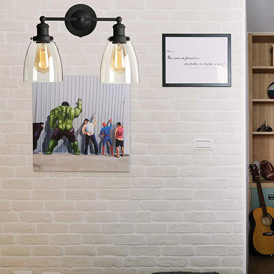 Industrial Black Clear Glass Wall Lamp - 2-Light Tapered Sconce Light With Plug-In Cord For Kitchen