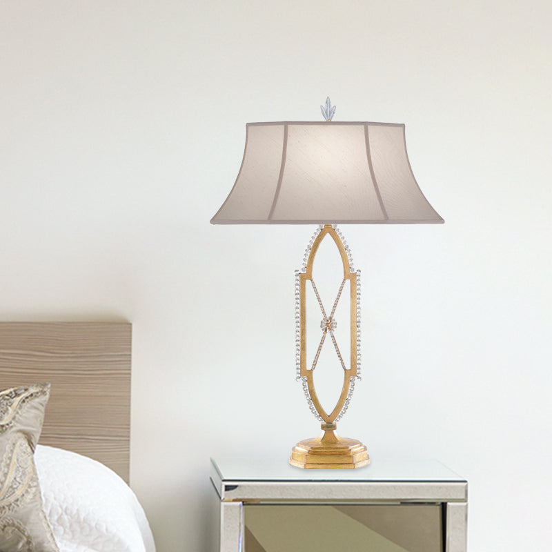 Flared Table Light - Traditional Gold/Silver Fabric Shade Nightstand Lamp With Crystal X-Shape Base