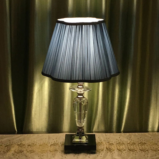 Blue Night Table Lamp With Crystal Urn Base And Floral Trim Shade - Traditional Fabric Lighting For
