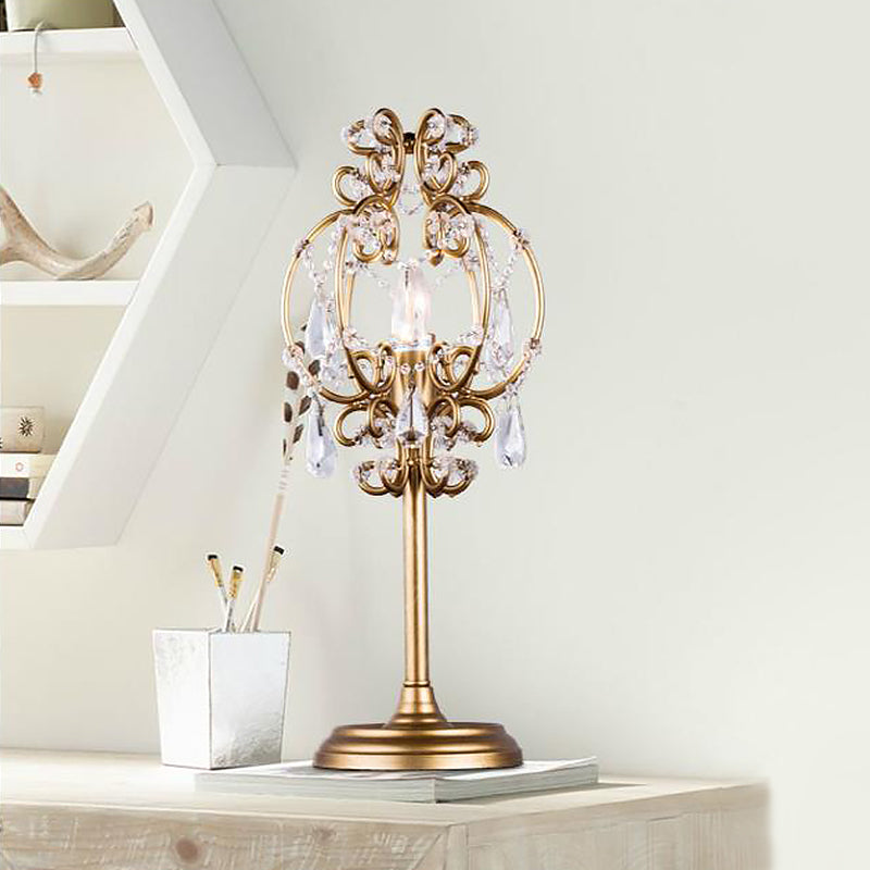 Askella - Retro Retro Style Lantern Table Lamp Metal 1-Light Nightstand Lighting in White/Gold with Clear Crystal Drops