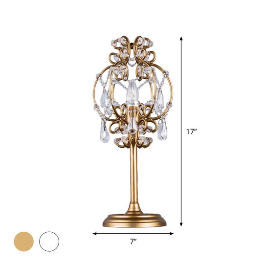 Askella - Retro Retro Style Lantern Table Lamp Metal 1-Light Nightstand Lighting in White/Gold with Clear Crystal Drops