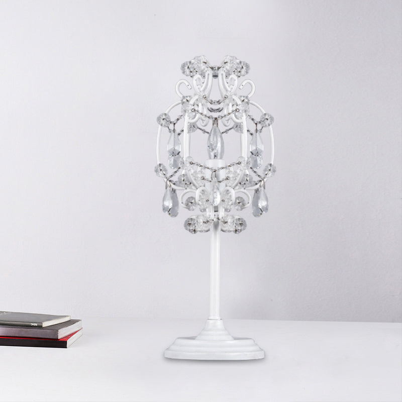 Retro Style Metal Lantern Table Lamp With Clear Crystal Drops - 1-Light Nightstand Lighting In