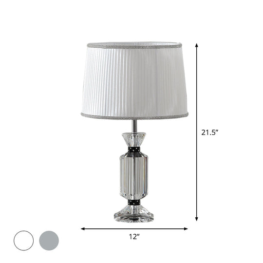 Rural Style Night Table Lamp - Drum Reading Light With Fabric Shade White/Blue Clear Crystal Base