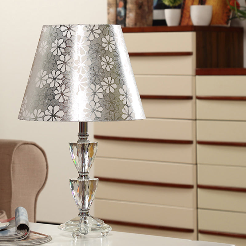 Modern Clear Crystal Globe/Triangle Desk Lamp In White/Silver With Conical Shade Silver