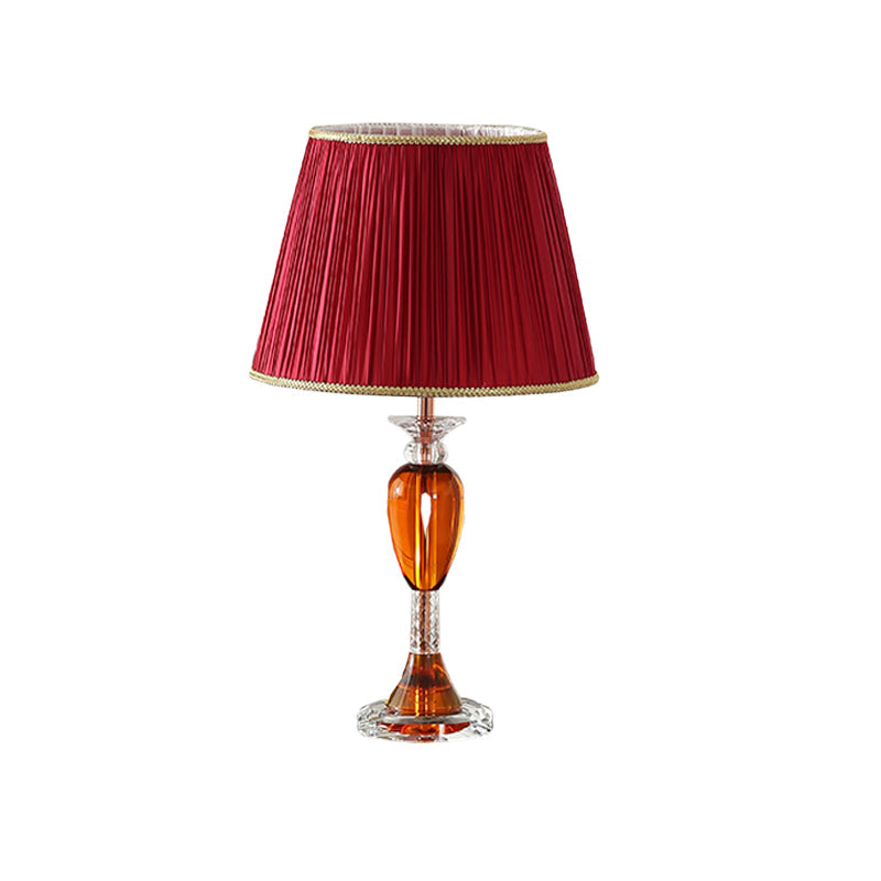 Aldib - Modernist Red Urn Base Night Table Lighting Modernist 1-Head Clear Crystal Reading Lamp with Cone Fabric Shade
