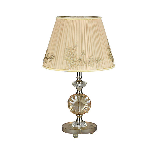 Modern Beige Cone Night Lamp With Flower Design And Fabric Shade - Bedroom Desk Lighting