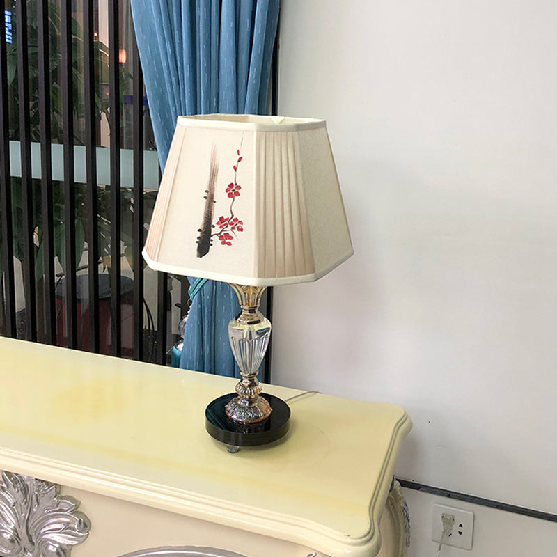 1-Light Panel Bell Table Lamp With Floral Painting Design - Contemporary Bedroom Lighting Clear