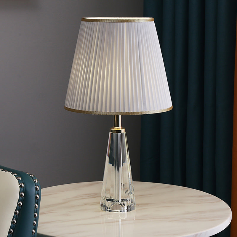 Minimalist Clear Crystal Nightstand Lamp - Conical Desk Lighting With Pleated Shade In