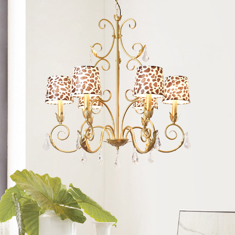 Zebra Print Conical Chandelier With Classic Fabric Shade - 6/8/10 Heads Ceiling Pendant In Gold 6 /