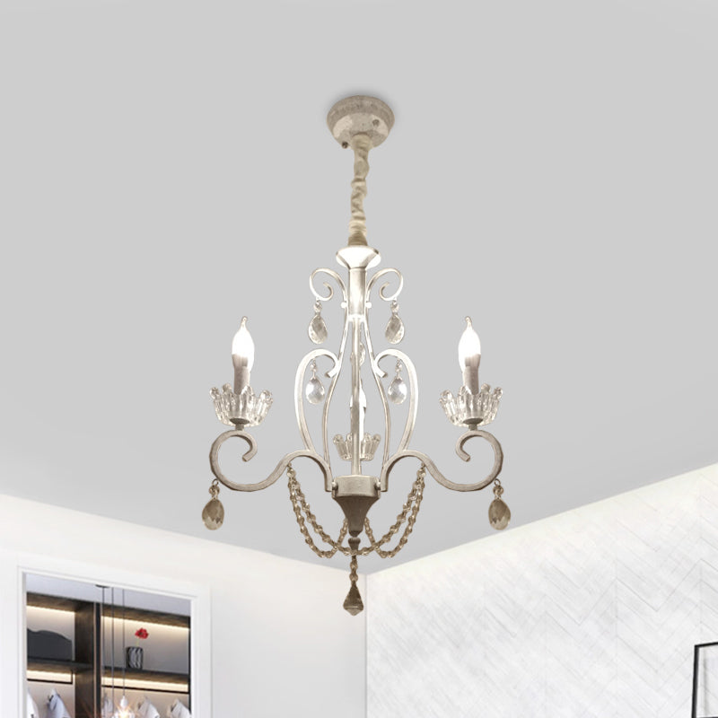 White Crystal Pendant Chandelier: Classic Candlestick Ceiling Hang With 3 Bulbs And Scroll Arm