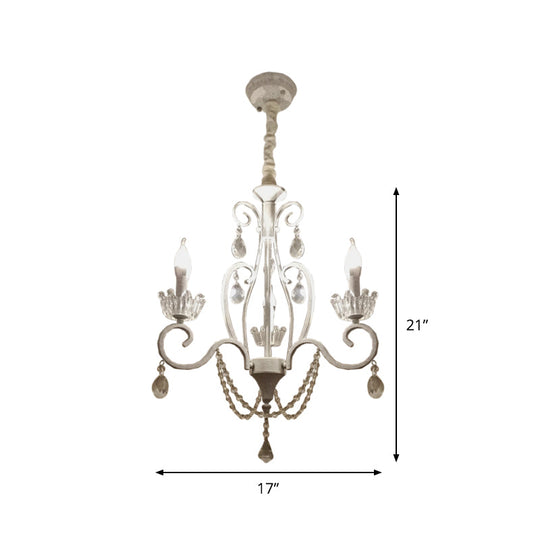 White Crystal Pendant Chandelier: Classic Candlestick Ceiling Hang With 3 Bulbs And Scroll Arm