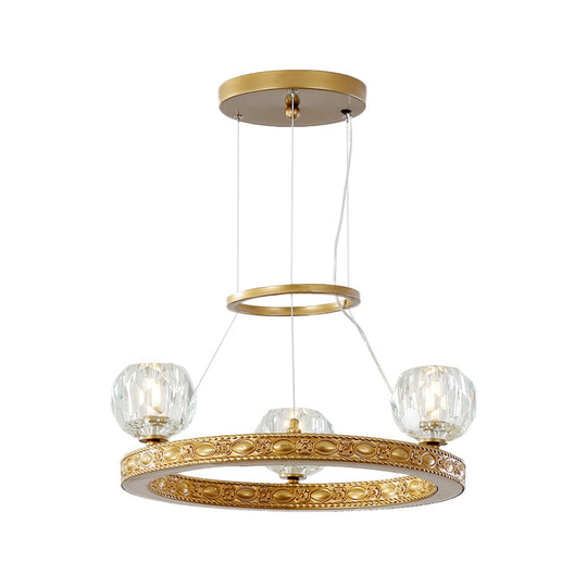 Modern 3-Head Crystal Prism Gold Chandelier With Ring Design