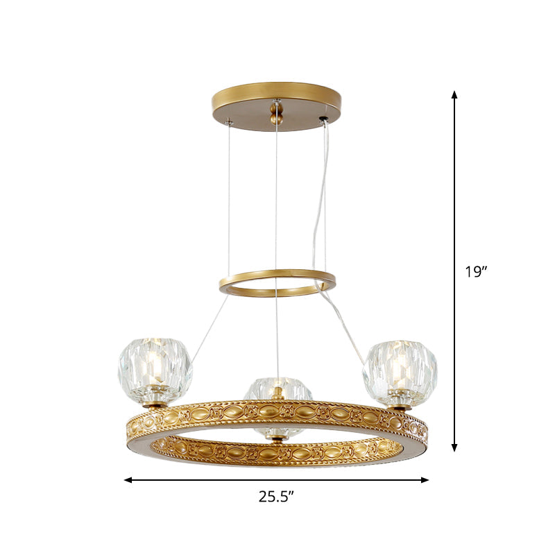 Modern Crystal Prisms 3-Head Gold Chandelier - Globe Parlor Suspended Lighting Fixture with Elegant Ring Design