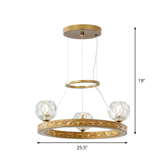 Modern 3-Head Crystal Prism Gold Chandelier With Ring Design